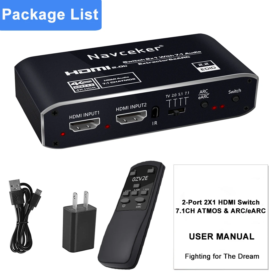 2x1 4K 120Hz HDMI Switch eARC Audio Extractor ARC Optical Toslink HDMI 2.0 Switch 4K 60Hz HDMI Switcher Remote for Apple TV PS4