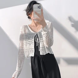 Lightweight Summer Cardigan For Women Spring Crochet Cardigan Sweater Boho Open Tie Front Tops Long Sleeve Knit Crochet Cardigan