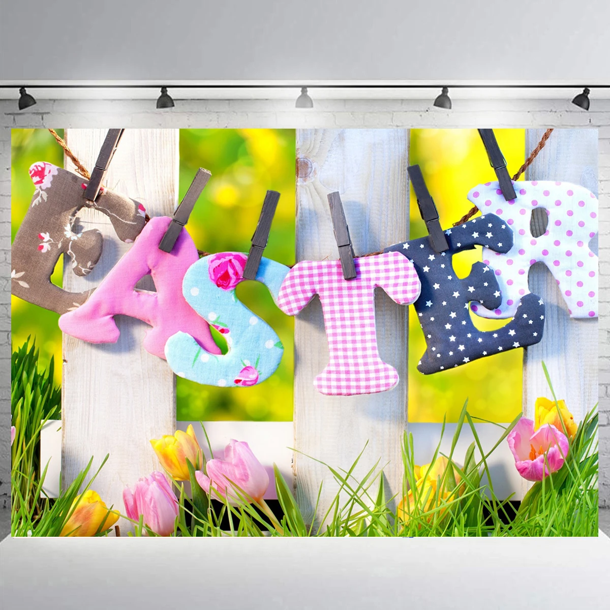 

Spring Easter Greeting Background Birthday Colorful Eggs Photograph Studio Green Grass Decoration Flower Backdrop Props