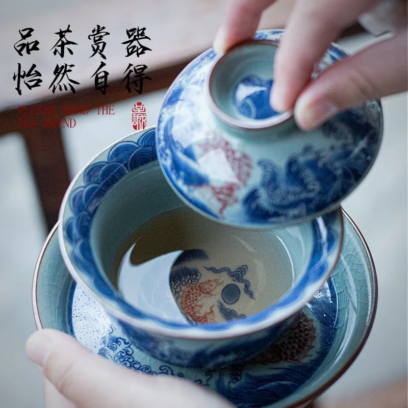 قفز الأسماك فوق بوابة التنين طويل القامة القدم وعاء كبير مغطى الطين القديم ثلاثة المواهب وعاء الشاي النمط الصيني التقليد العتيقة