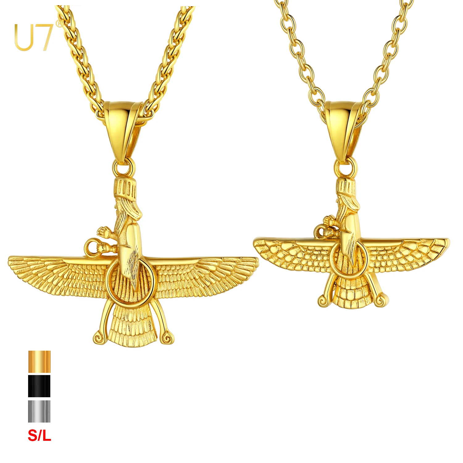 U7 316L Stainless Steel Iranian Size S/L Faravahar Necklace Fravashi Spiritual Power Ancient Persia Symbol Unisex Jewelry Gift