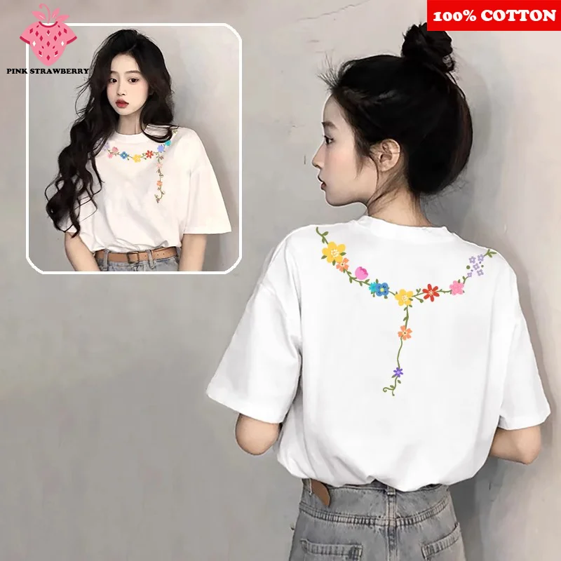 

White Pure cotton Short sleeved T-shirt Women Summer 2025 New 100% Cotton Korean Flower Print Loose Tee Y2k Tops Female clothing