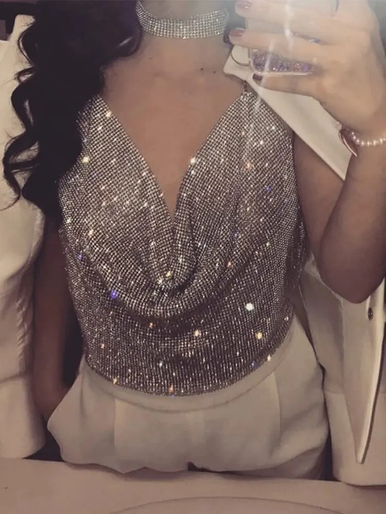 Festiwal Brilliant Rhinestone Backless Party Crop Top Women 2025 Summer Glitter Evening V Neck Diamonds Metal Tank Tops — zdjęcie 2