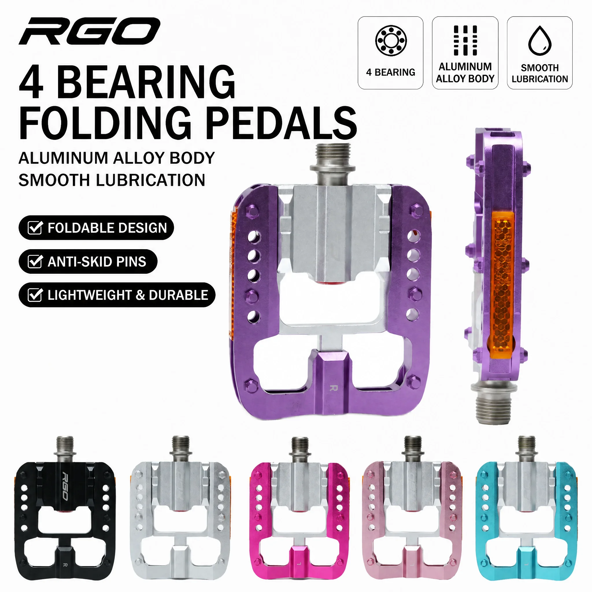 RGO Faltbare Fahrradpedale 4 Lager Aluminiumlegierung Rutschfest Reflektierend Schnellklapppedal 9/16" Universal für MTB-Rennradteile