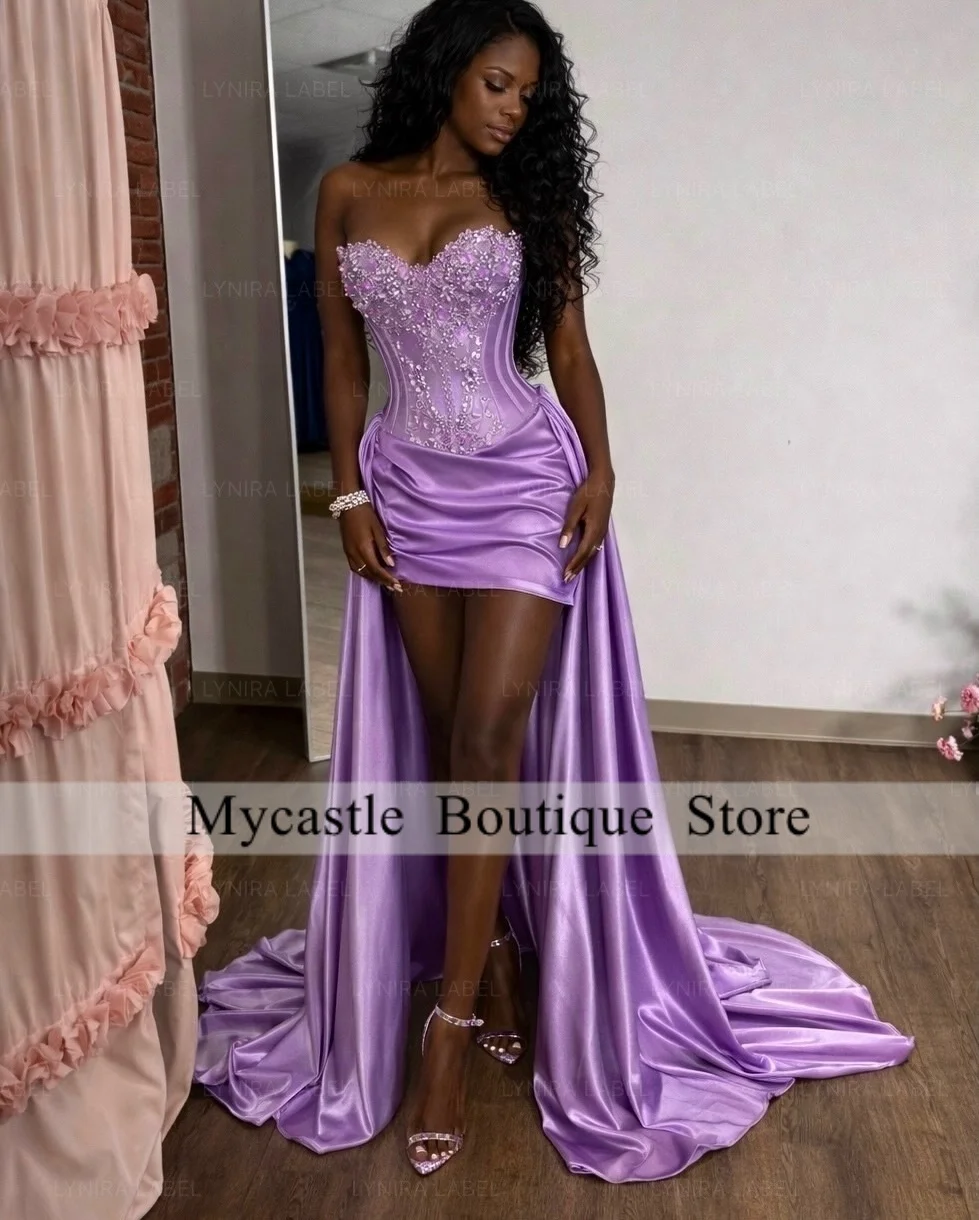 Gorgeous Lavender Purple 3D Floral Prom Dresses Corset Satin Overlay Mermaid Long Train Formal Gala Gown For Women Customized image 3
