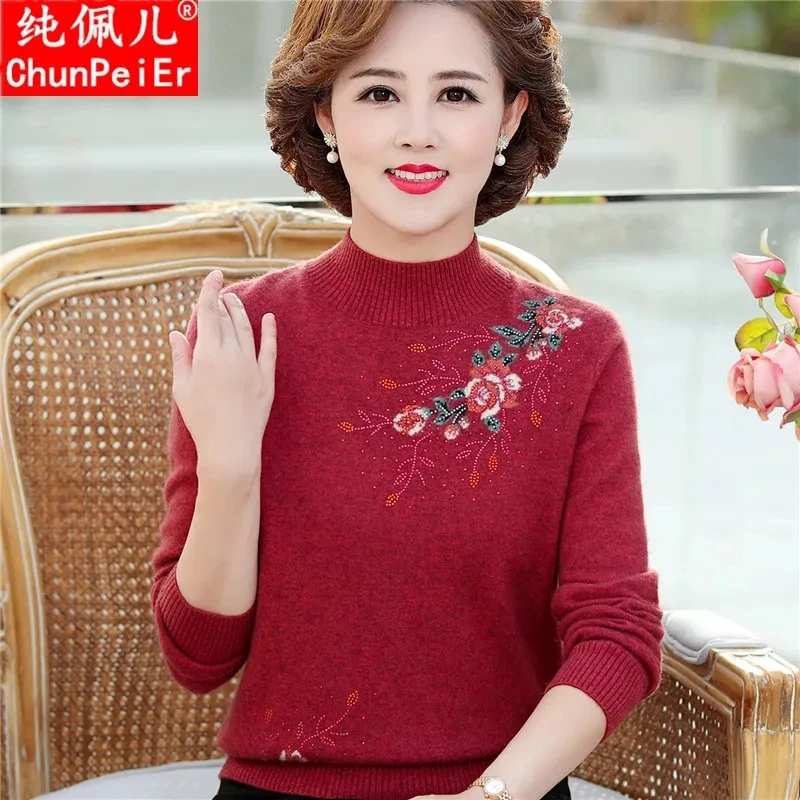 

Fall Winter 2024 New Cashmere Knitted Pullover For Middle-Aged Elderly Women's Loose Semi-High Collar Bottoming Shirt Warm Top