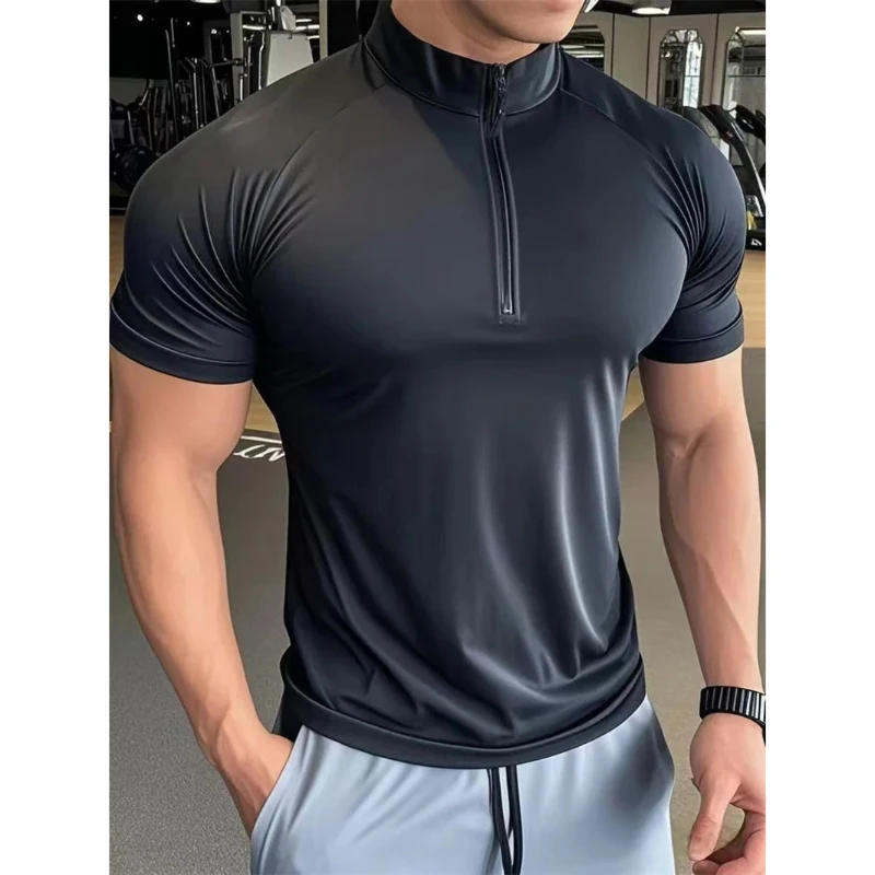 NEW Men's sports T-shirt Quick Dry Elastic Training t Shirt Men Fitness short sleeve pullover Half-zipper round neck Tights Tops