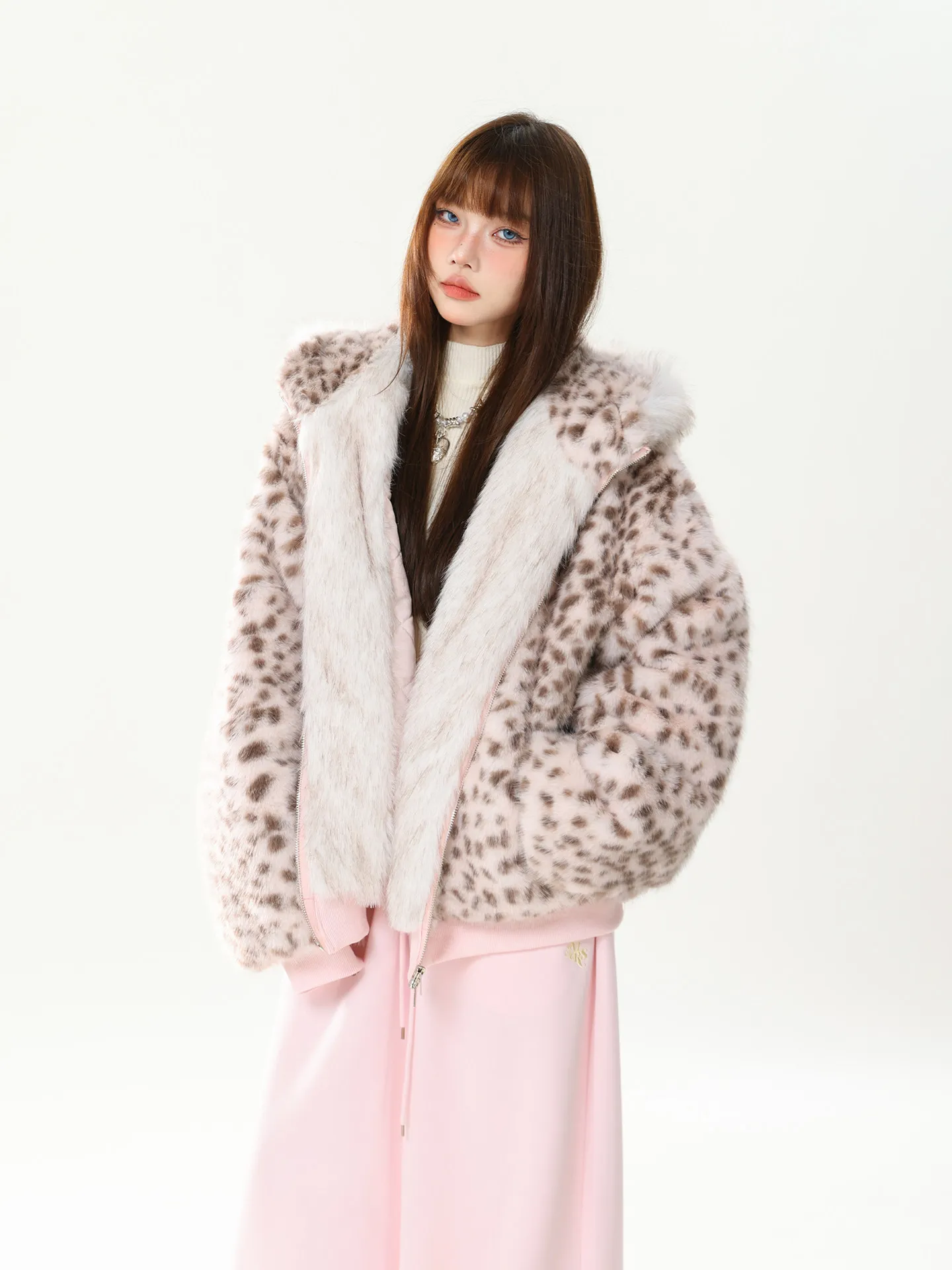 Women Y2K Leopard Faux Fur Hooded Jacket with Cat Ears Pink Fluffy Zip Up Warm Winter Loose Short Coat
