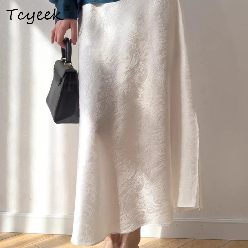 Tcyeek 93% Real Silk Skirts for Women 2026 Spring Summer Elastic Waist Elegant Fishtail Skirt Woman Clothing Faldones Para Mujer
