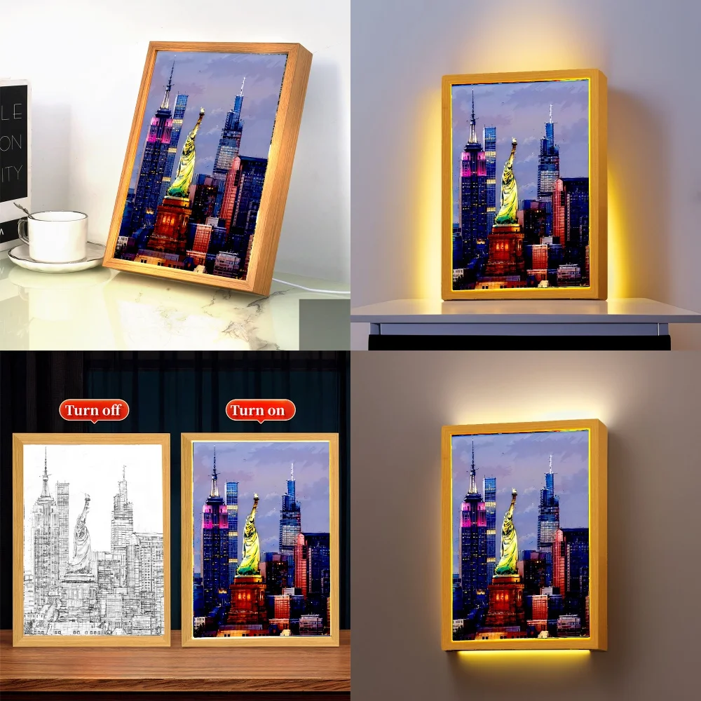 Beautiful City USA New York Light Painting Photo Frame Led NightLight Wall Lamps Bedside Table Home Decor Friend Gifts Moon Lamp