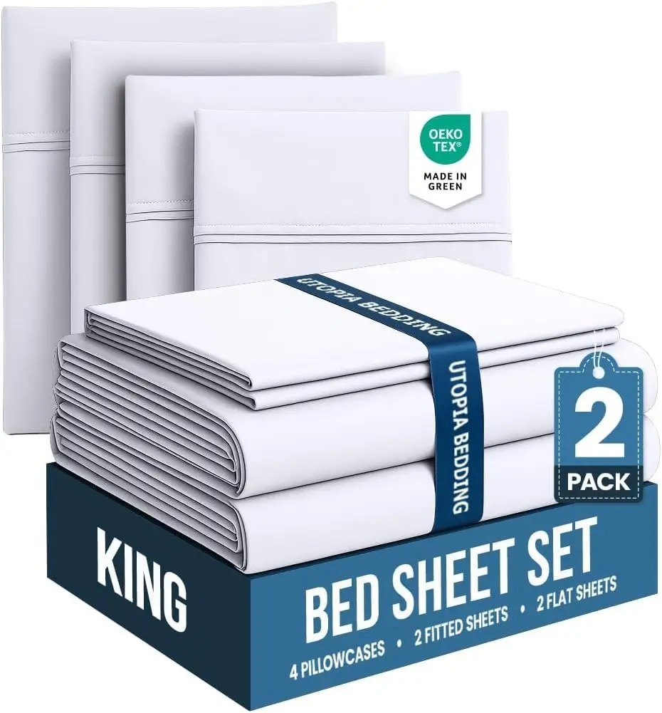 

Комплект постельного белья King Size из 4 предметов, 2 упаковки - мягкая микрофибра с начесом, устойчивая к усадке и выцветанию, простая в уходе (белый)