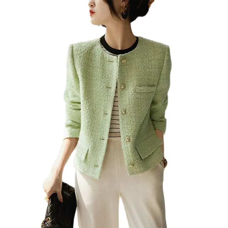 

Women's Autumn New Green Short Woven Tweed Suit Coat Female OL High Quality Wool Blazers