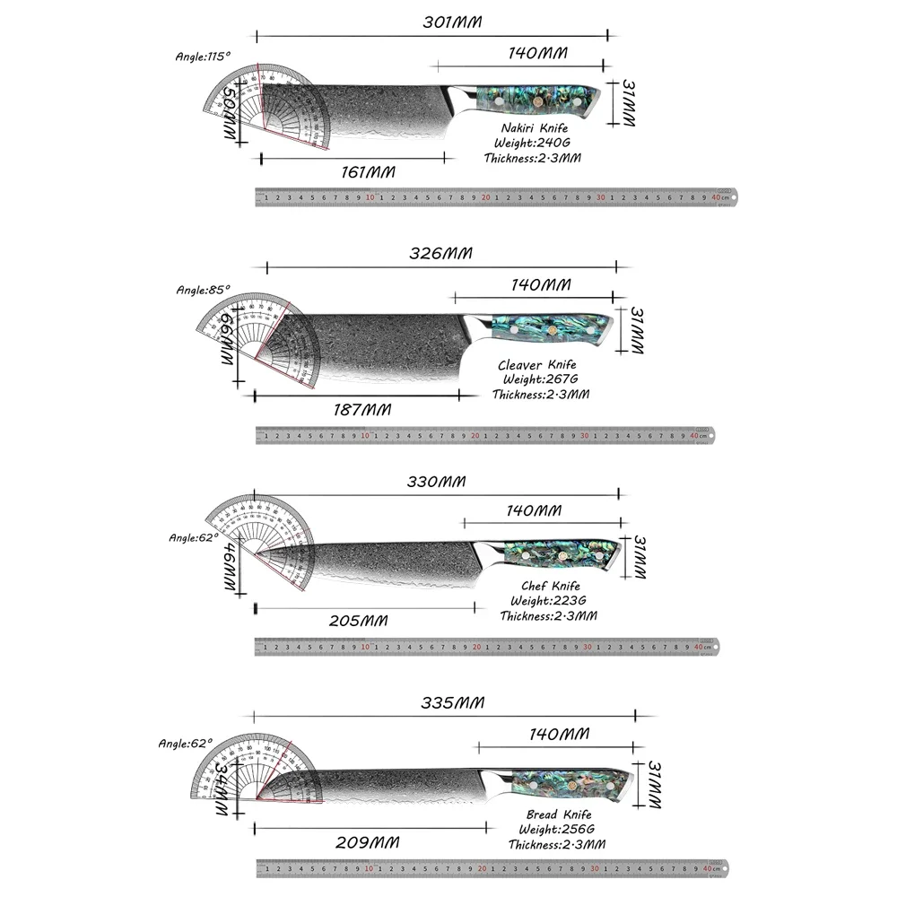 Damascus Steel Set Damascus AUS10 Chef Knife With Exquisite Shell Abalone Handle Japanese Santoku Chef Knives