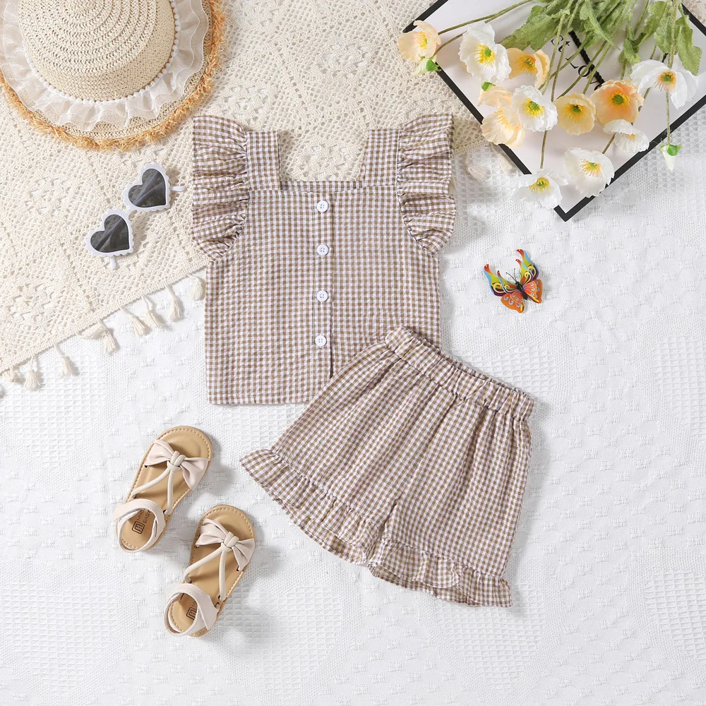 2Pcs Toddler Girls Summer Outfits Flying Sleeve Square Neck Plaid Print Vest Tops  Elastic Waist Shorts Baby Set