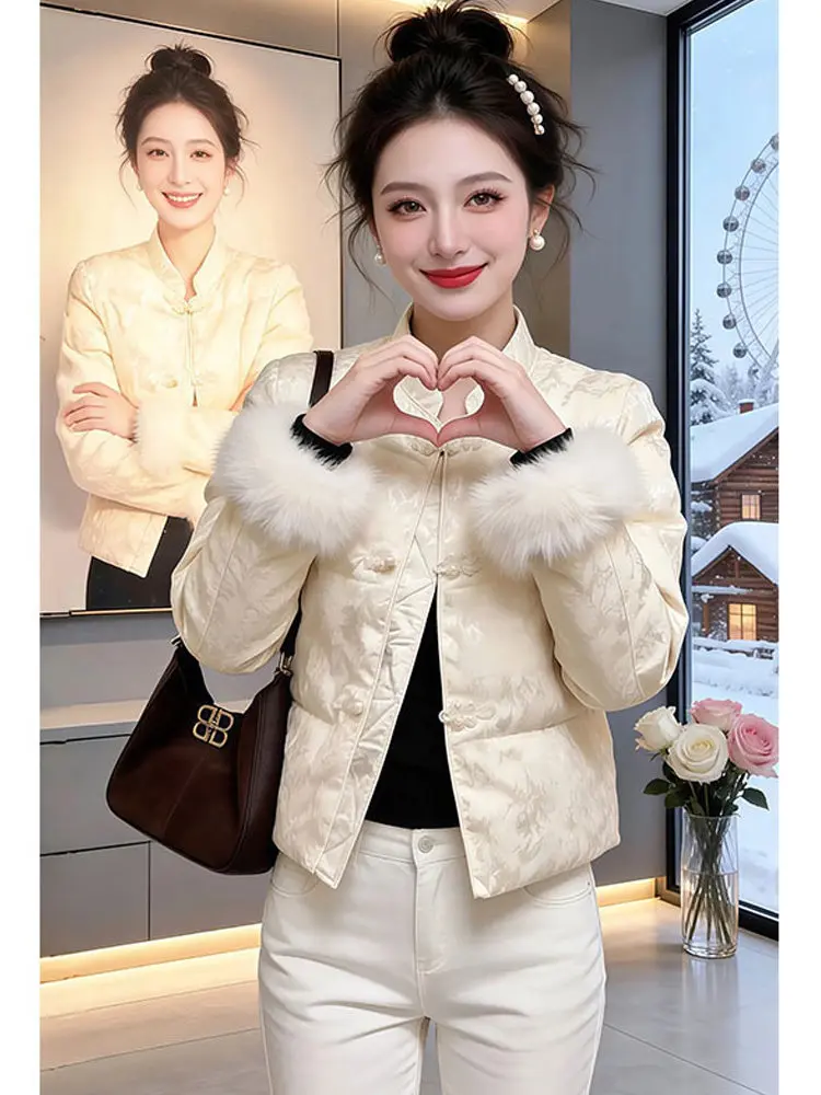 

Elegant Winter Cotton Jacket Women's Furry Patchwork Sleeve Caped Coat Floral Embroidery Fluffy Trim Hooded Zipper Closure