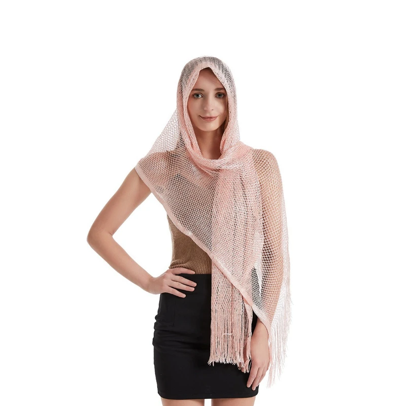 Spring Summer Shiny Mesh Tassel Shawl, Women Polyester Multi-use Headscarf, European American Thin Wrap Scarf