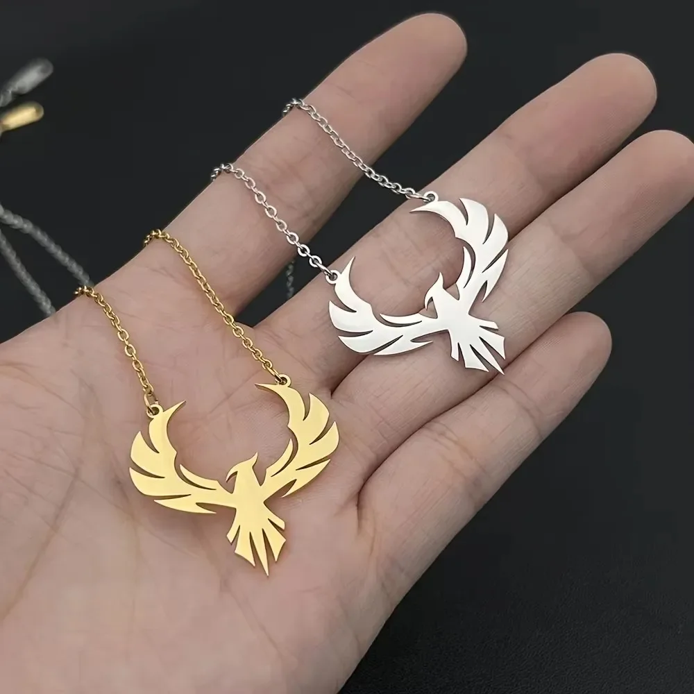 Simplified Line Outlining Stainless Steel Phoenix Fire Bird Necklace  UNISEX Spread Mature Men's Charm Jewelry Necklace