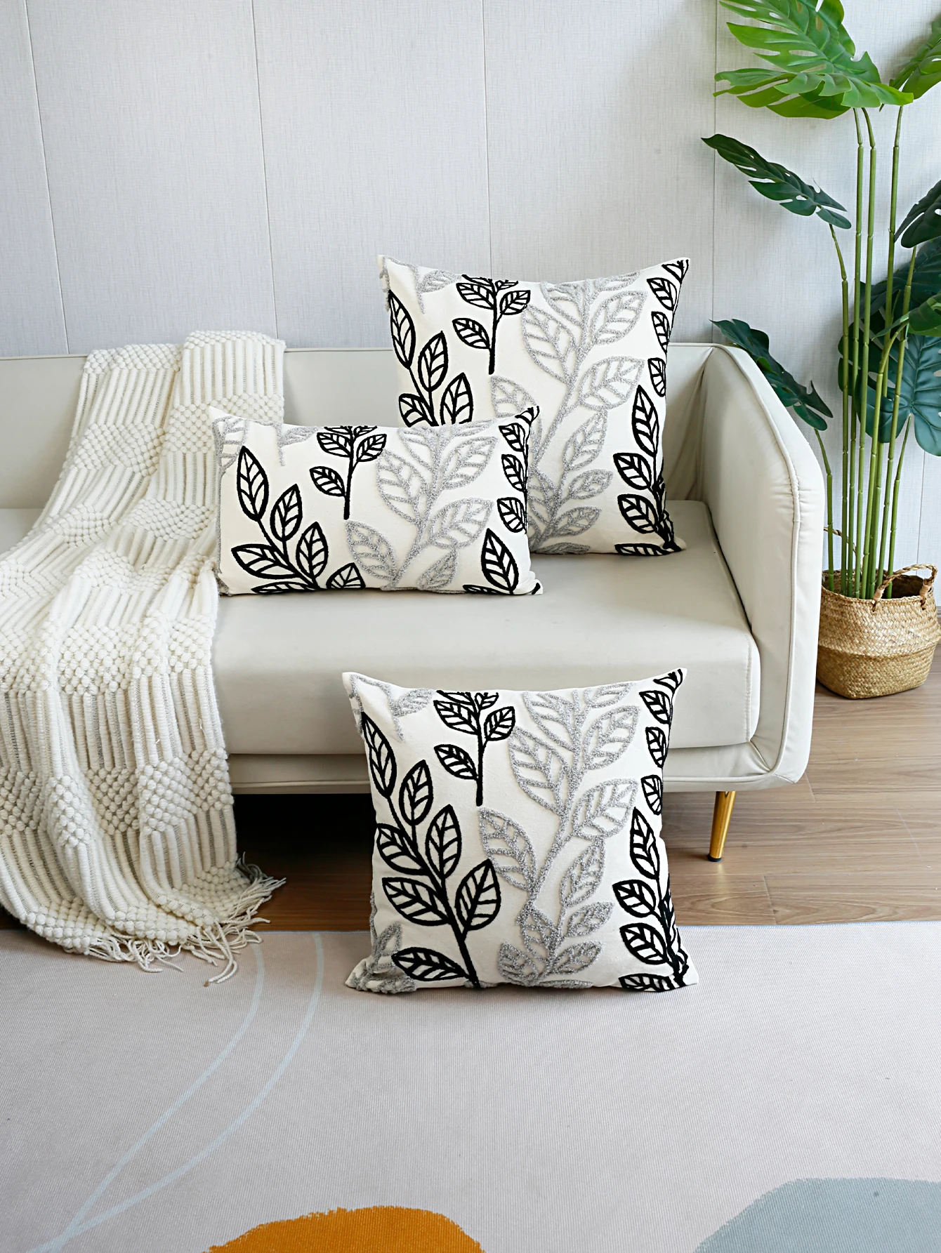 1pc, Black Grey Leaf Towel Embroidered Pillow Case, Velvet Cushion Cover Home Decor Art House Office Sofa Chair Decoration