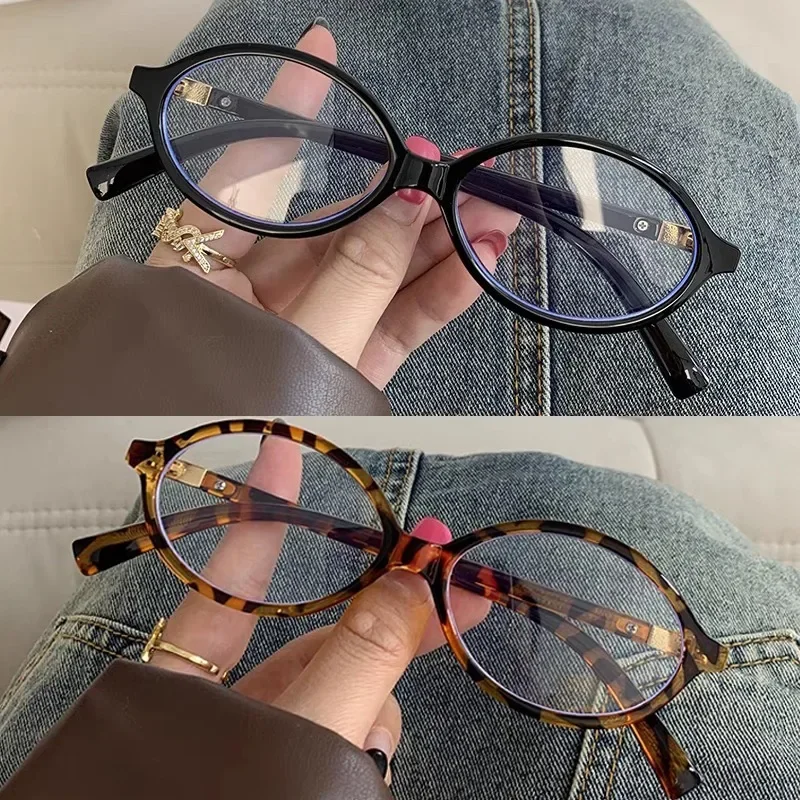 2024 Retro Oval Glasses Women Girls Y2K Leopard Print Black Whiet Eyeglasses Eyewear Decorative Computer Anti Blue Light Glasses