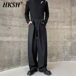 HKSH Men's Dark Trousers Baggy Casual Pants Spring Autumn New Pleated Double Waistband Niche Design Trend Korean Straight HK0013