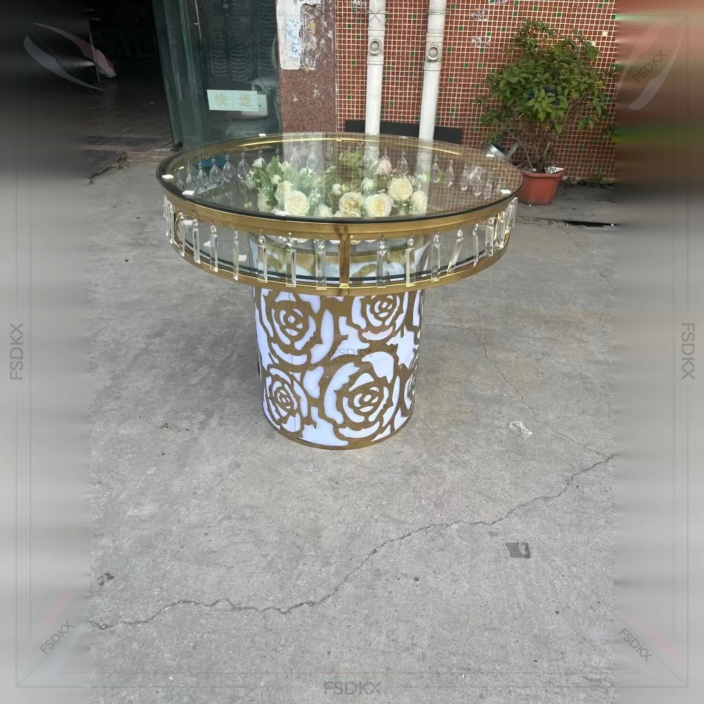 FSDKX Events Decoration Clear Glass Top Circle Luxury Gold Stainless Steel Round Wedding Cake Table With Crystals