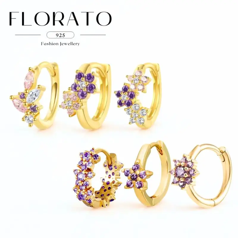 

FLORATO 925 Silver Needle Flower Zircon Hoop Earring For Women Purple Crystal Gold Earrings Luxury High-end Party Jewelry Gifts