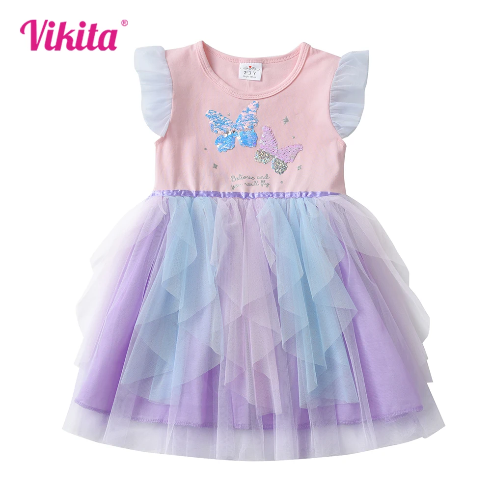 VIKITA Girls Summer Dress Kids Butterfly Sequins Dresses Girls Flare Sleeve Irregular Mesh Tulle Tutu Layered Princess Dresses