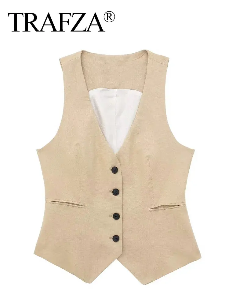 TRAFZA Summer Women Elegant Solid Linen Vest Top Casual Vintage V Neck Sleeveless Waistcoat 2024 Female Fashion Vests Chic Tops