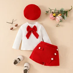 Fashionable Toddler Girl's Large Bow Beret + Long-Sleeve Top  Fleece Lined Skirt - Autumn-Winter Three-Piece Set