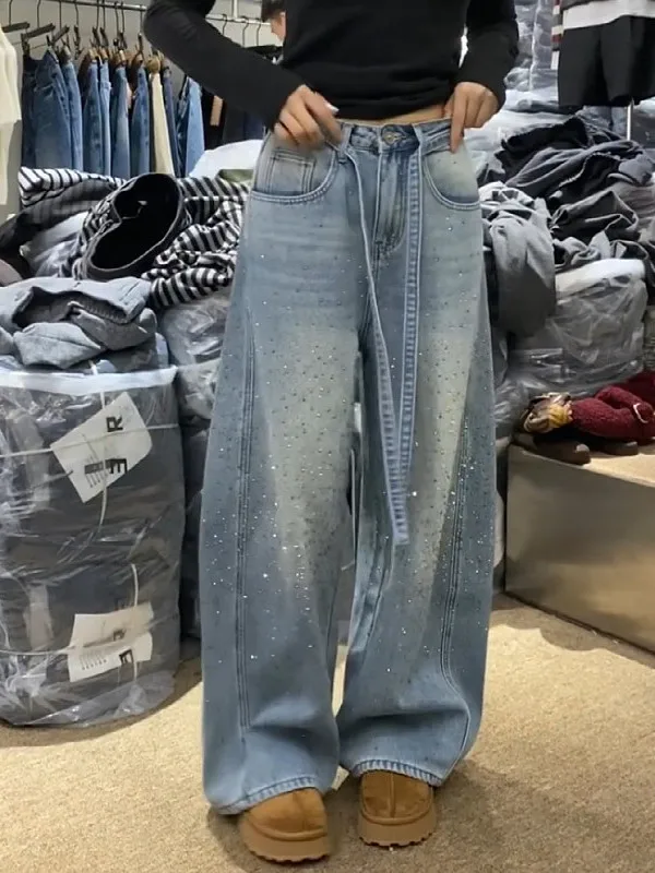 

American Retro Design Rhinestone Splicing Denim Loose Lazy Feeling Dragging Pants High Waist 3D Effect Wear Resistant Ladies ...