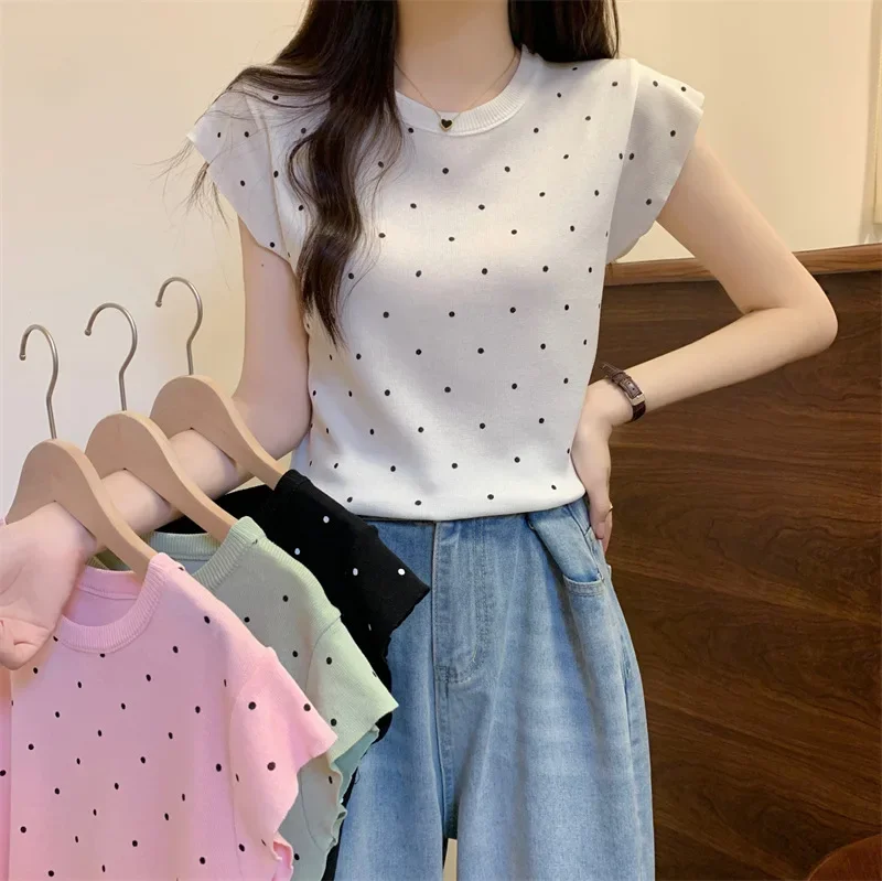 

Xiaofei Sleeve Vest T-shirt Women's Short-sleeved Polka Dot Printed Short Knitted Sweater