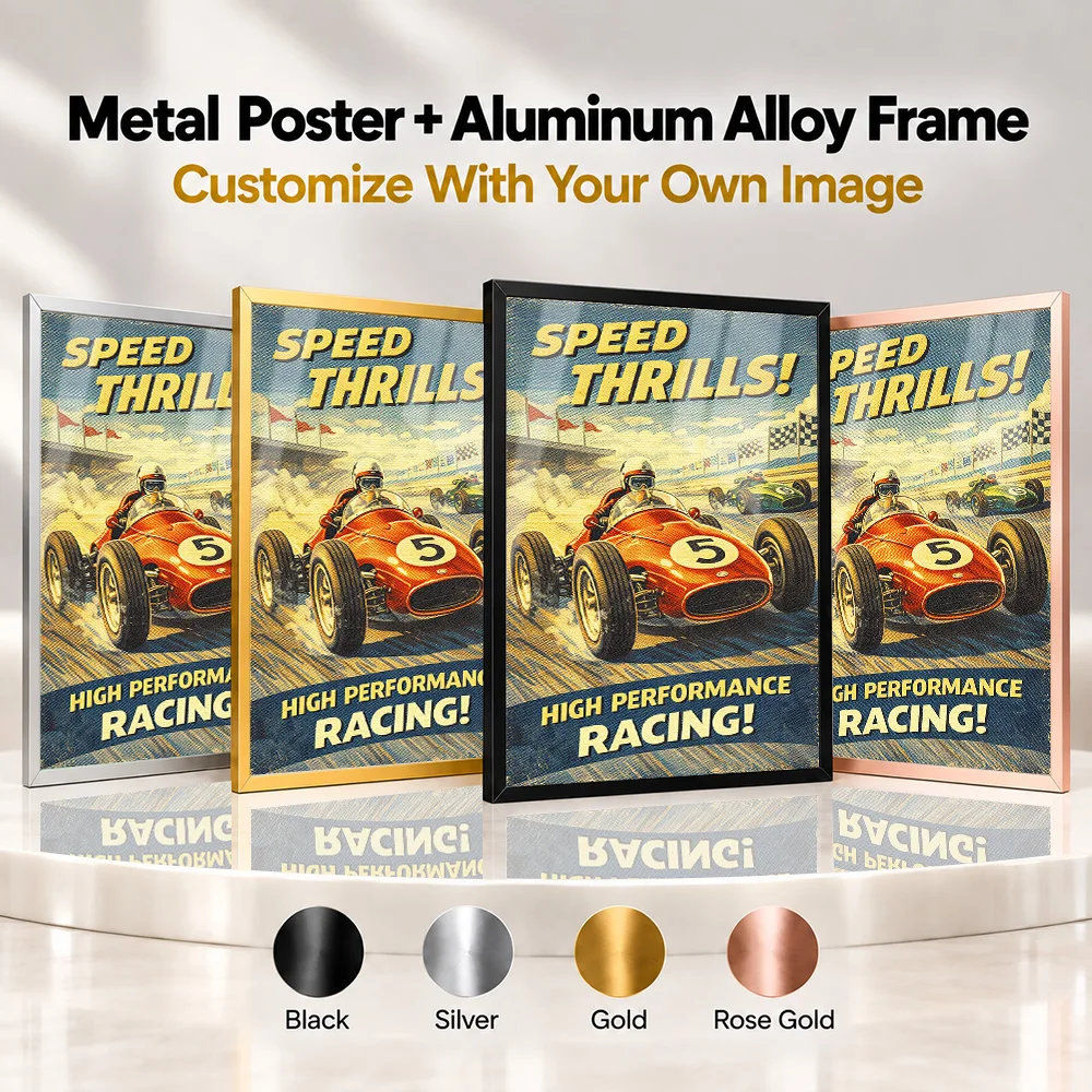 Vintage Speed Thrills Race Car Framed Metal Poster Personalized Historic Motoring Illustration Wall Art For Study Gearhead Gift