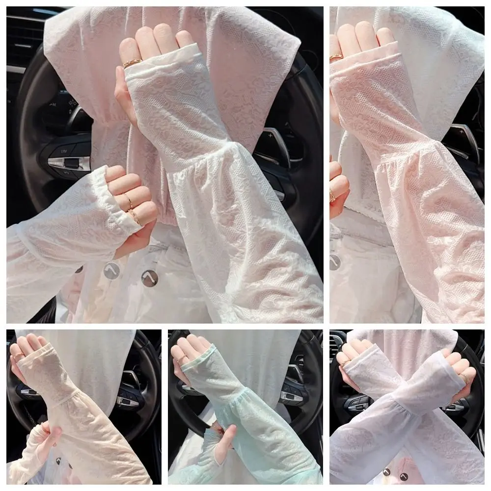 Sarung Tangan Bersepeda Wanita dengan Lengan Pelindung Matahari Anti-UV Berbahan Sutra Es Tipis Berenda Motif Bunga