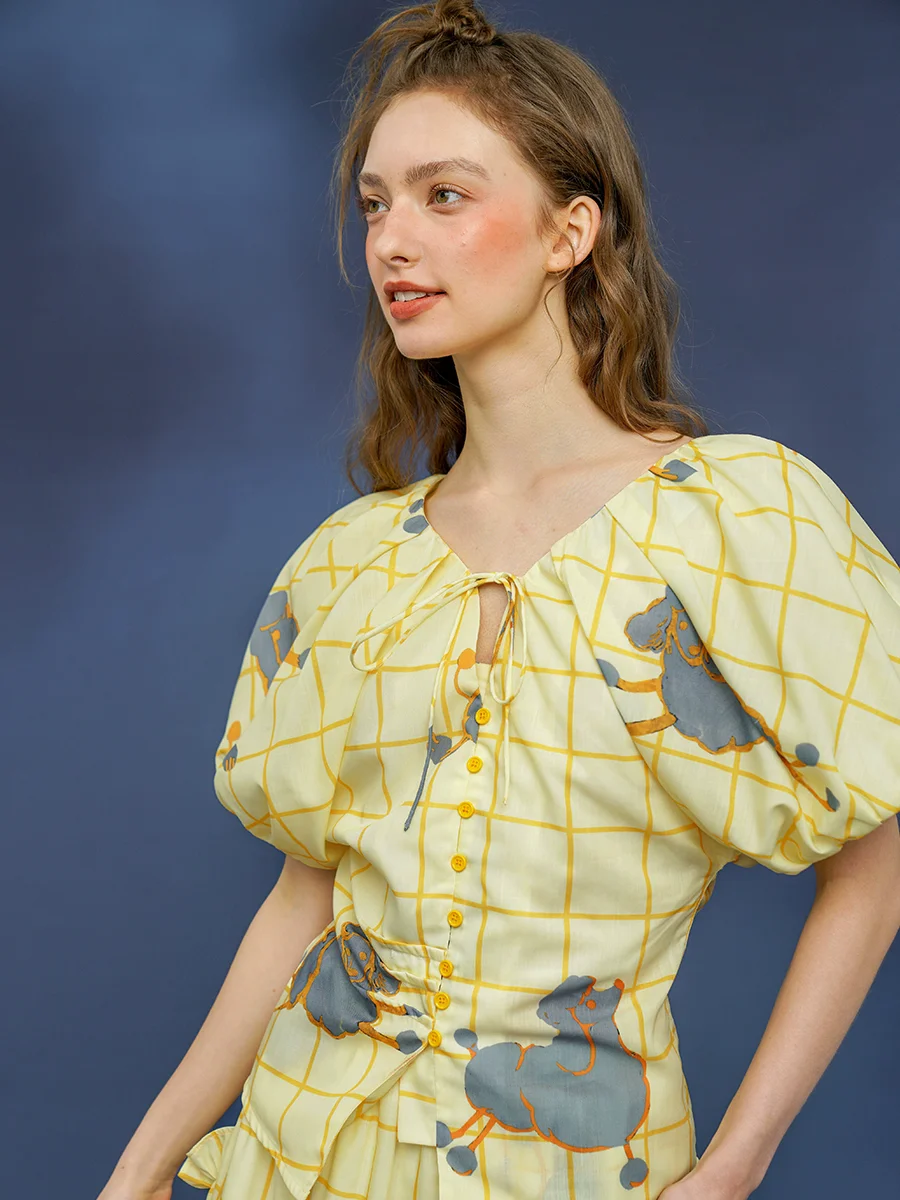 Spring Summer Original Design Women 1980s Vintage Vibes Slim Waist Lemon Yellow Sheep Print Puff Sleeves Shirts/Blouse