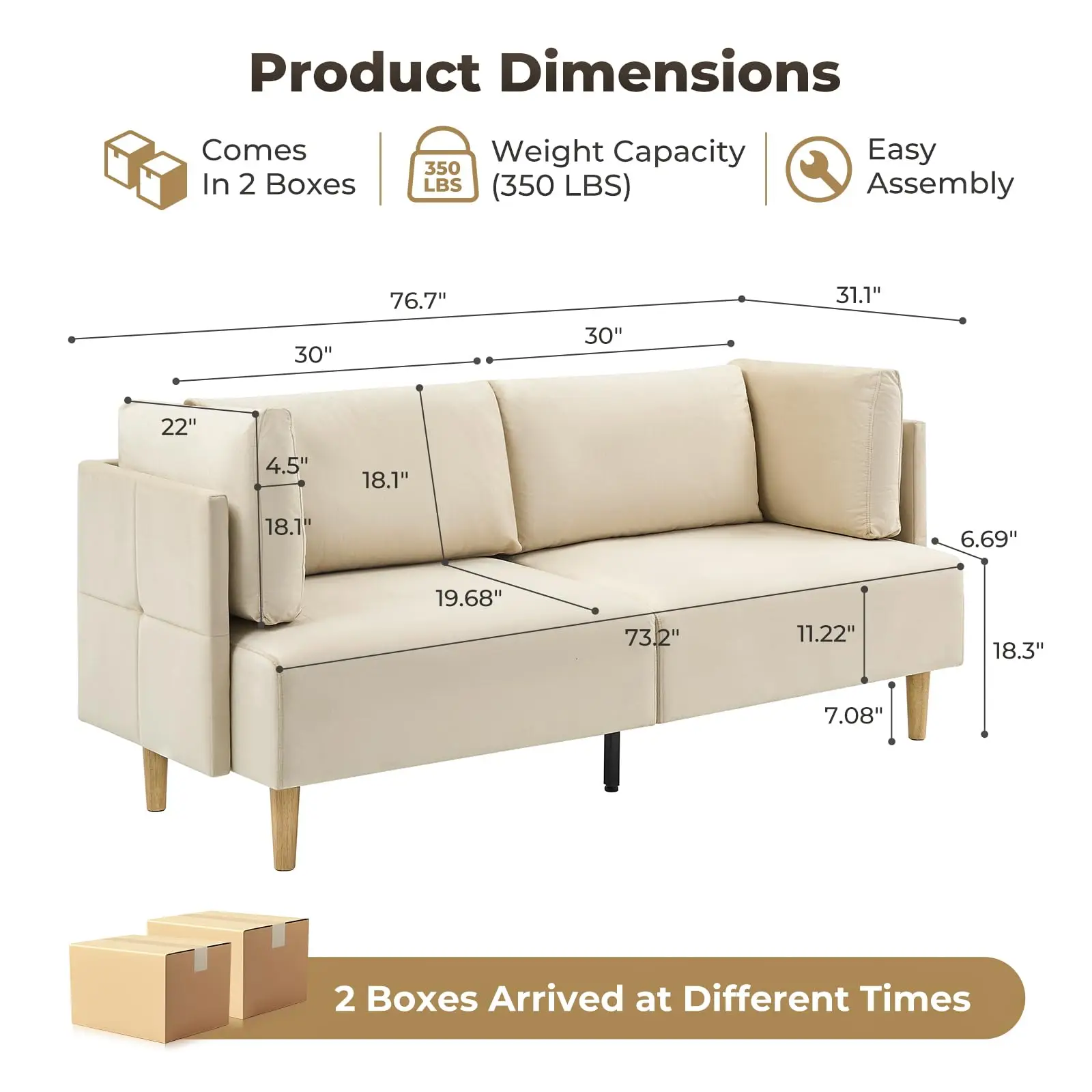 76 in Loveseat Sofa, Modern Sofa 2 Seater Couches for Living Room, Sofas with Depth Seat,Small Couch 2 Armrest Pillow Included, Comfy Couches for Bedroom, Apartment and Office,Beige