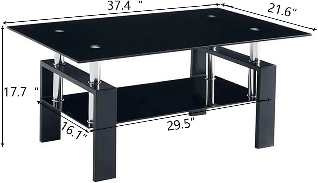 Table basse rectangulaire en verre à 2 niveaux, table d'appoint moderne avec étagère de rangement inférieure, table à bout de thé en verre pour la salle de séjour