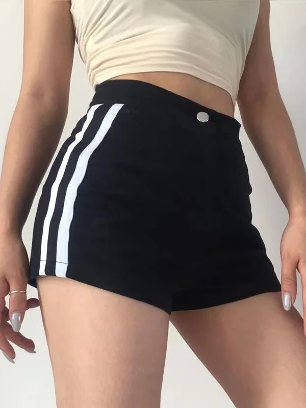 High Waist Slimming Striped Shorts Women's Fashion Casual Pants Side Double Bar Weave Belt High Waist Fitting Hot Pants