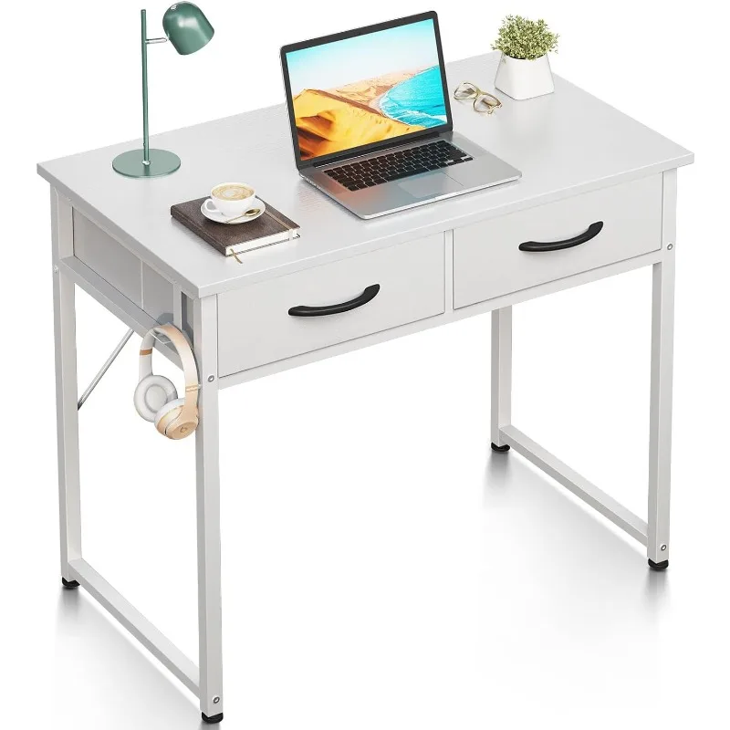 Small Desk with Fabric Drawers- for Bedroom, White Vanity Desk with Storage, Home Office Computer Desk for Small Spaces, 32 Inch