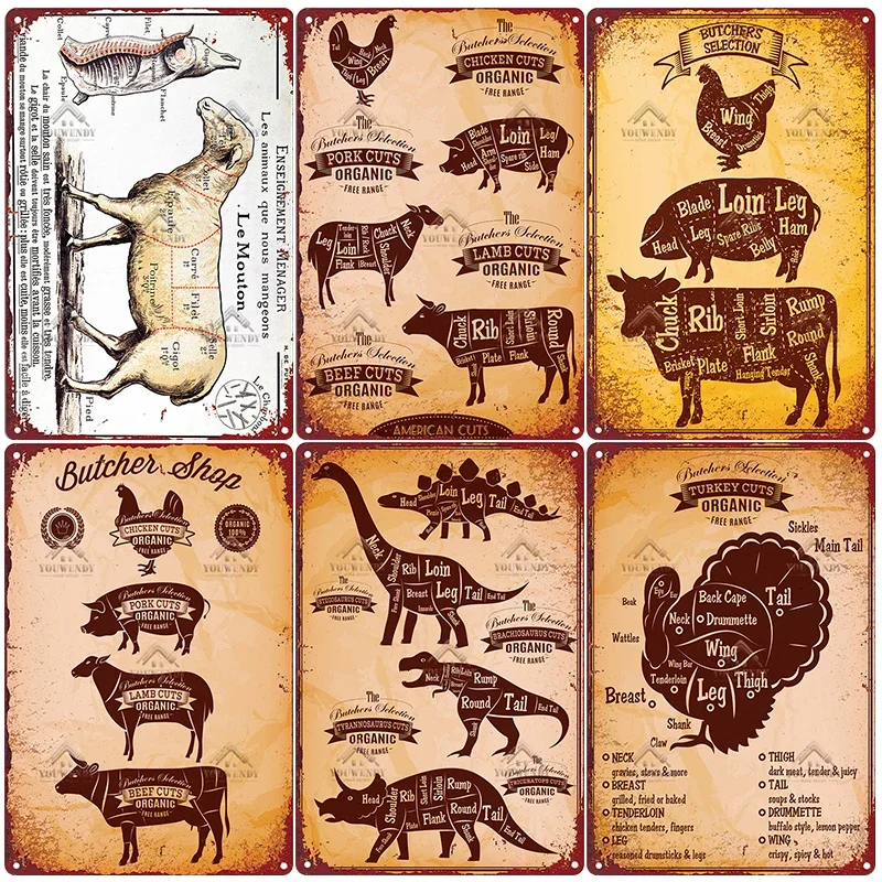 The Butcher\'s Guide Vintage Metal Signs, Kitchen Poster Cuts of Beef, Pork, Duck, Fish, Shop Wall Decor, Tin Sign, 20x30cm