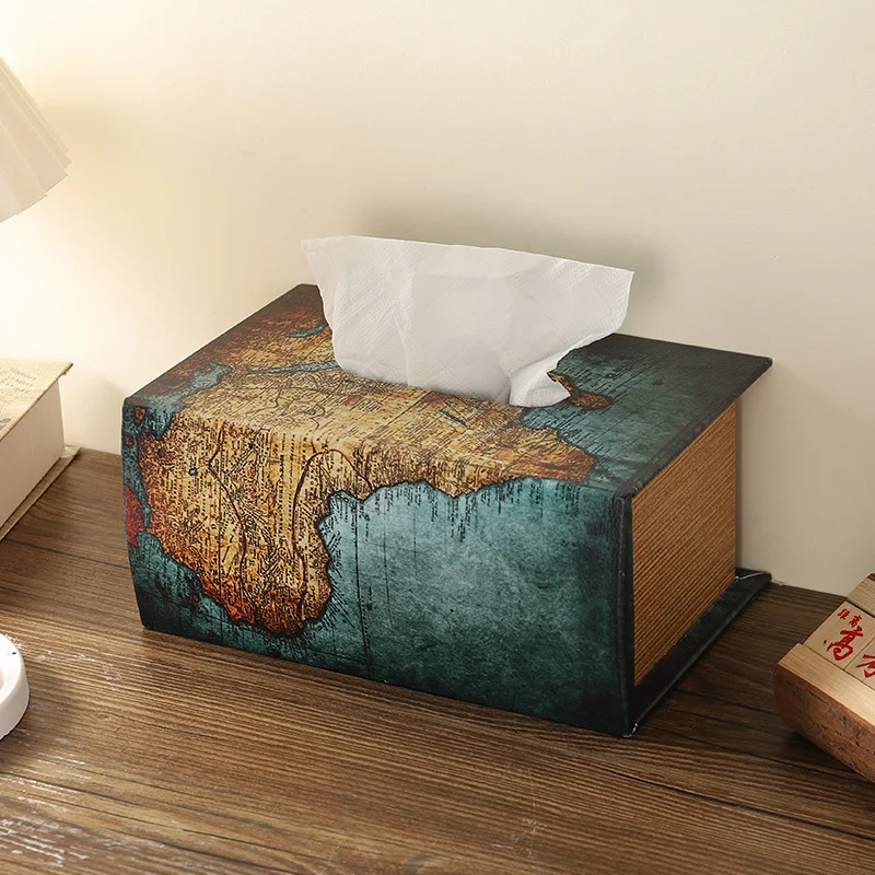 

Creative American Retro Simulation Book Wooden Tissue Box Home Office Desktop PU Leather Book-shaped Tissue Box