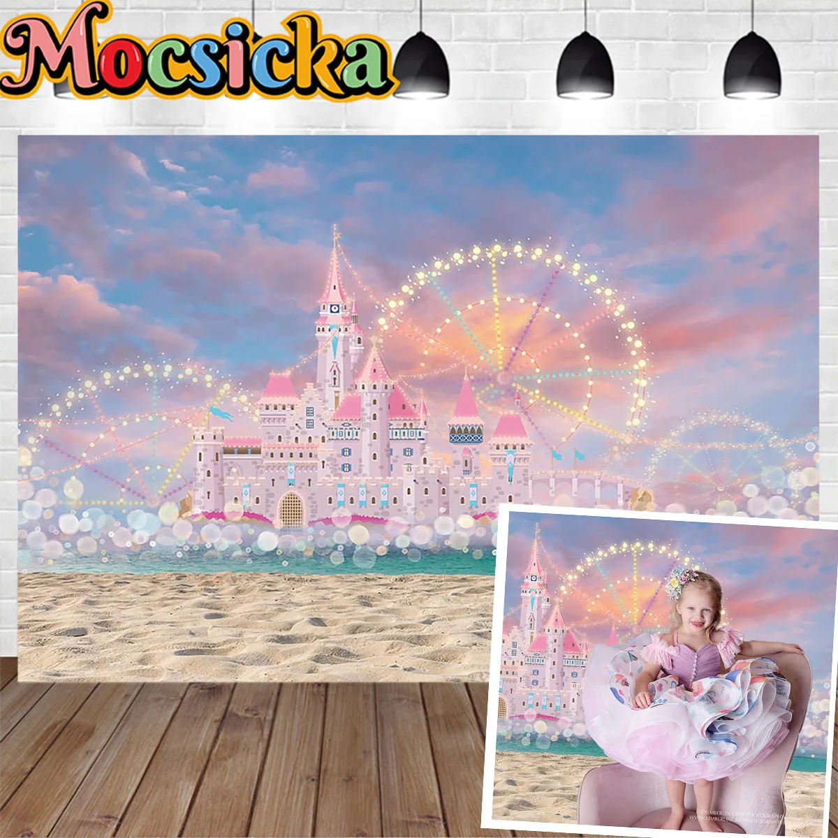 Photography Beach Background for Girl Birthday Party Pink Castle Ferris Wheel Bokeh Backdrop Sweet Princess Portrait Studio Prop