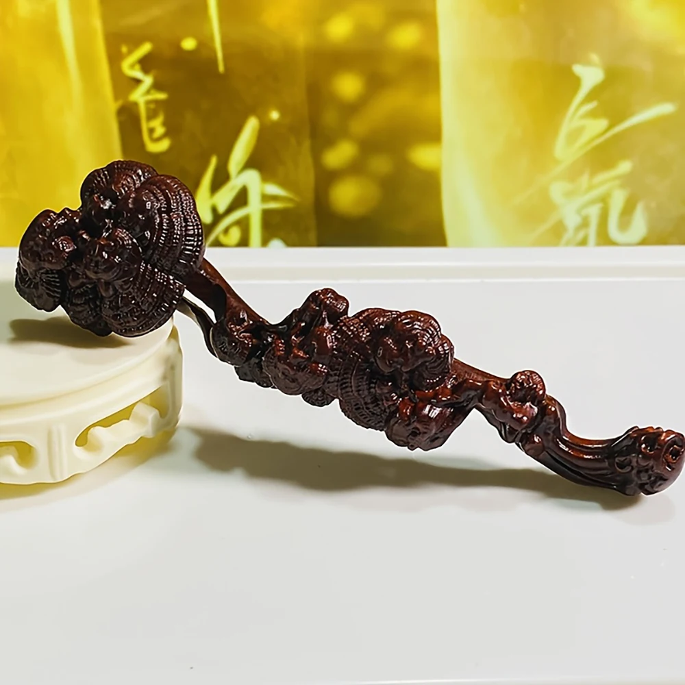 1Pc Wooden Carved Lingzhi Ruyi Handheld Ornament, Chinese Style Carved Lingzhi Statue Decoration