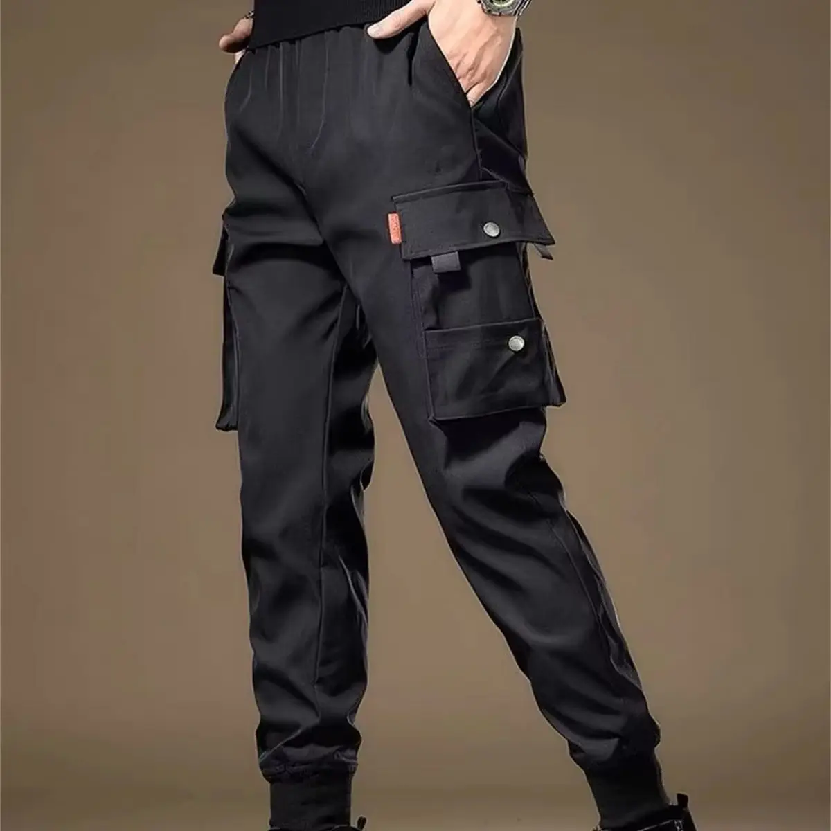 Black Spring Harem Pants Men Elastic Waist Solid Color Cargo Pants Multi Pocket Loose Korean Outwear Baggy Pants For Men Women