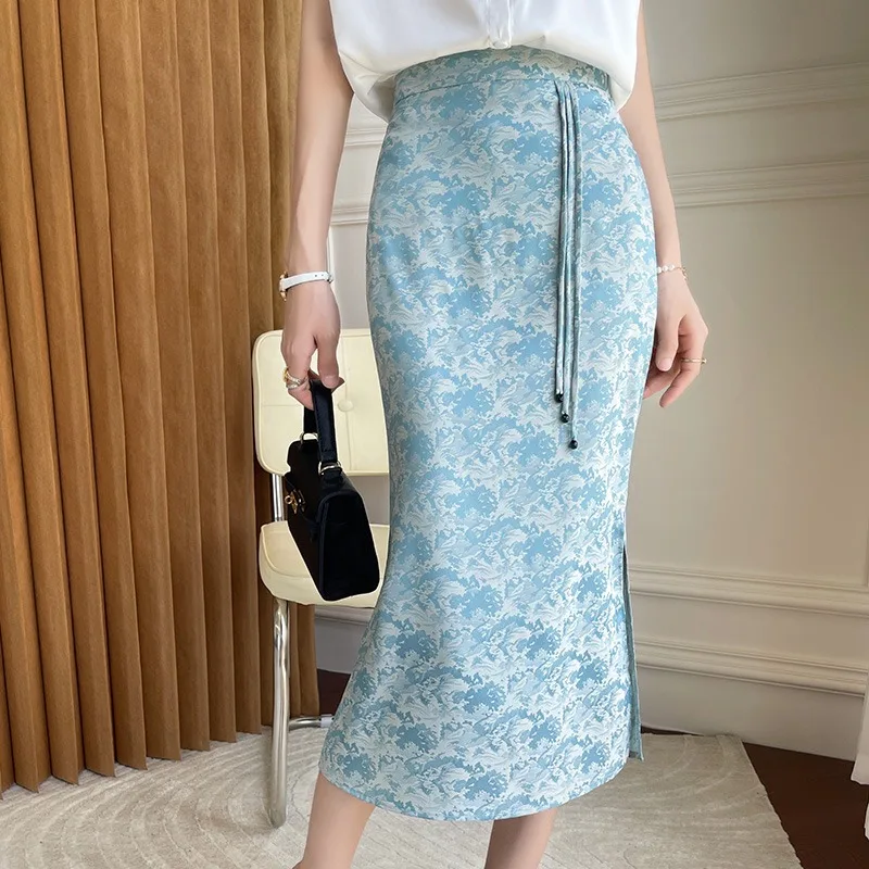 

Ацетатная атласная юбка с хвостом Fi, женская дизайнерская весенняя новинка, длинная юбка с высокой талией, корейская версия, для поездок на работу