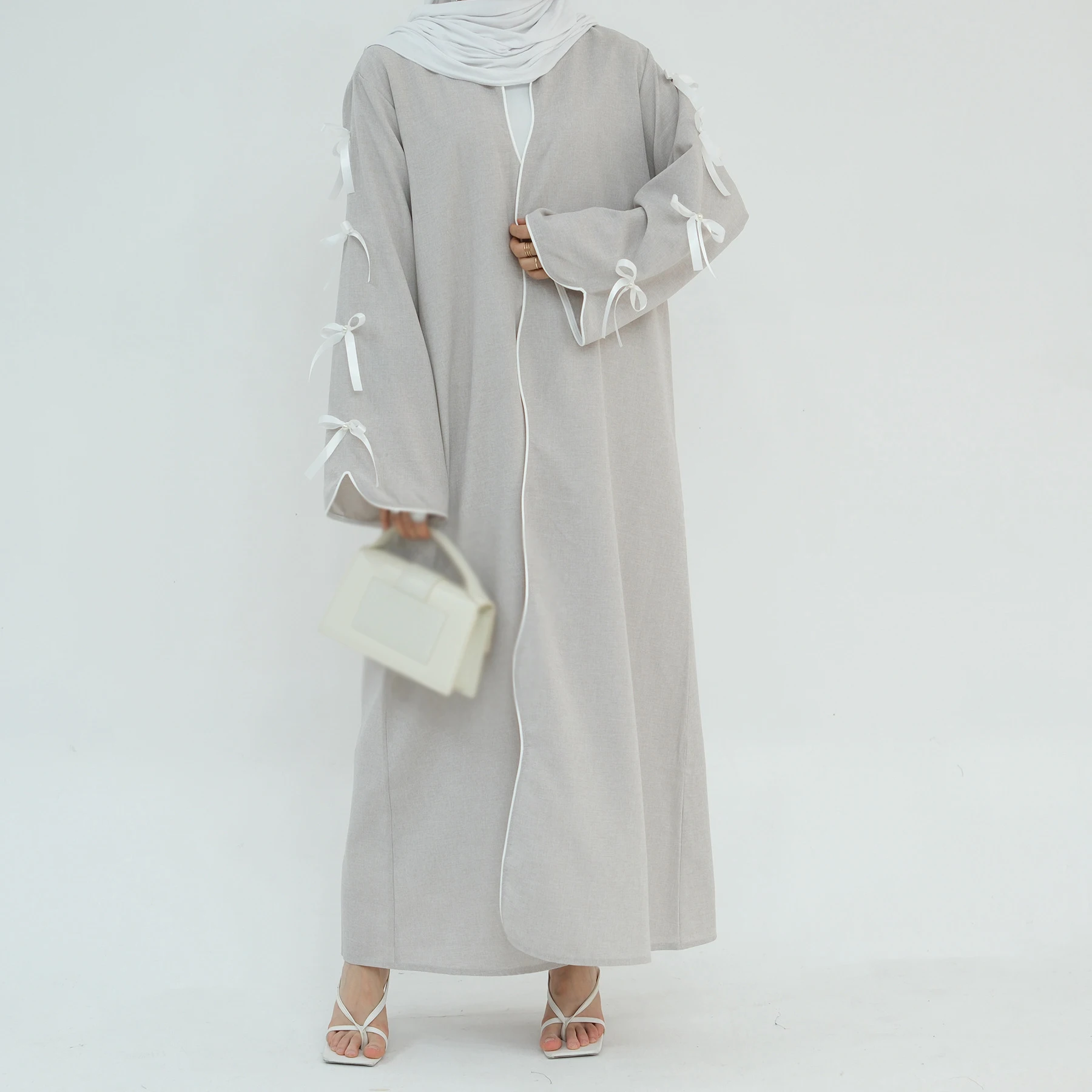 2024 Abaya Dress Bowknot Long Sleeves Modest Dresses Muslim Fashion Women's Clothing Robe Long Cardigan Outwear Eid Ramadan