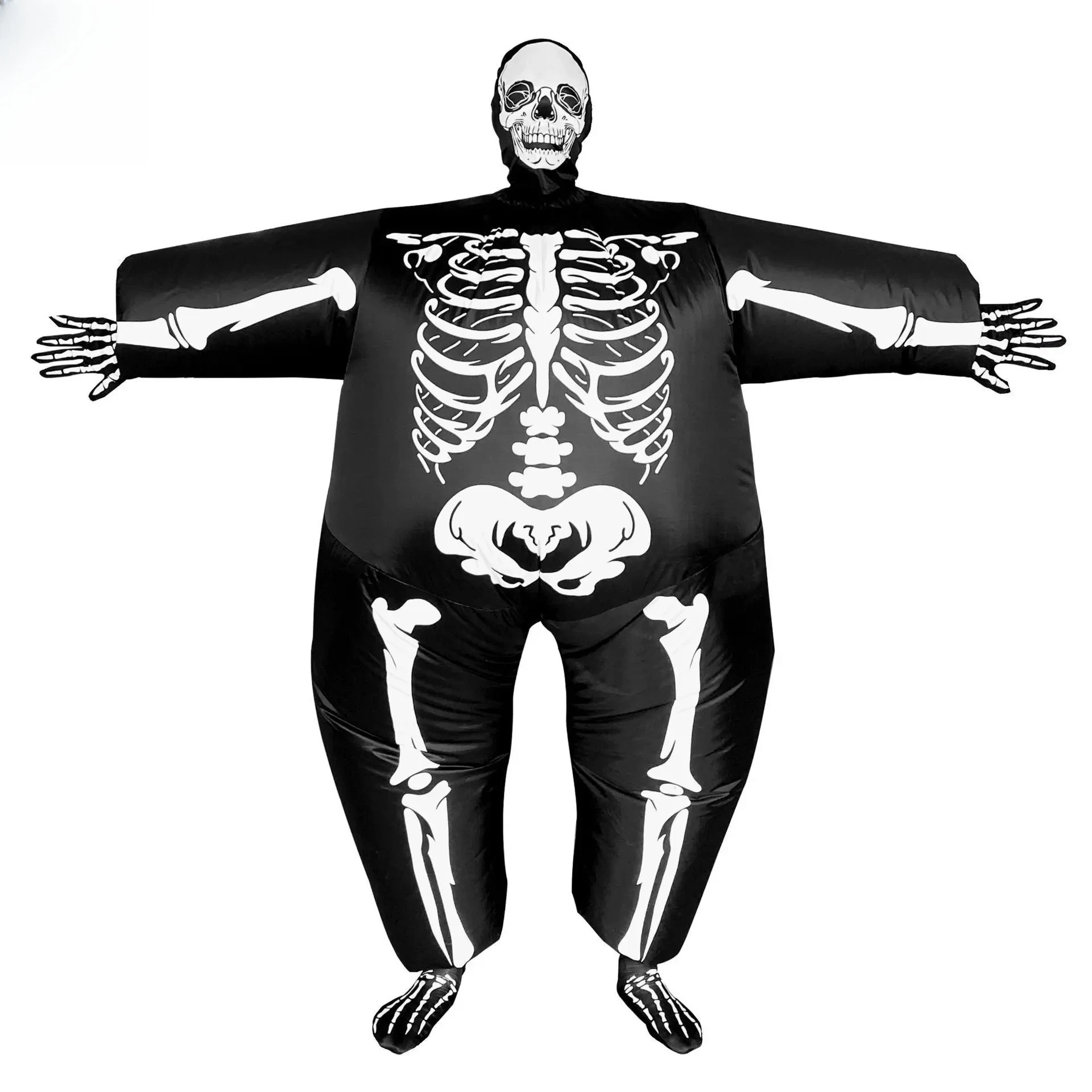 

Adult Funny Inflatable Chubby Skeleton Costume - Black & White Blow-Up Outfit with Full Skeleton Print