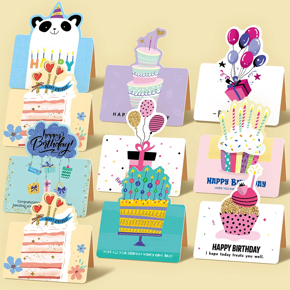 10 Birthday Cards, 3D Small Size Cartoon, Simple Folding, Handwritten Blessing Message, Birthday Card