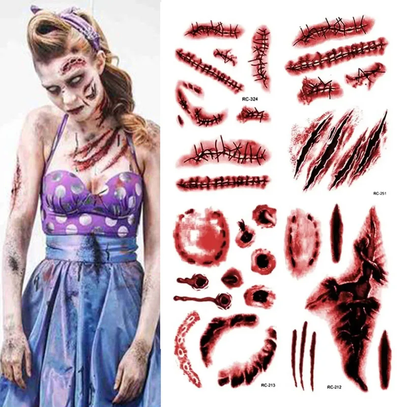 Scary Halloween Wound Temporary Tattoo Waterproof Realistic Blood Tattoo for Cosplay, Masquerade, Prank, Party Decor