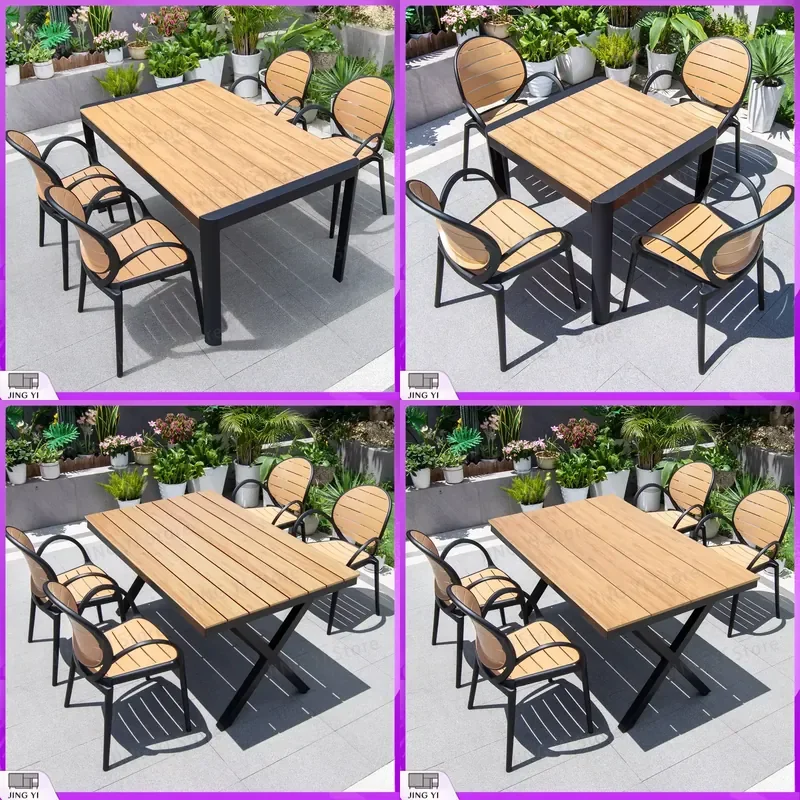 Outdoor Table and 4 Chairs Set Waterproof Plastic Wood Metal Frame Round Square Rectangular Patio Furniture for Dining Garden