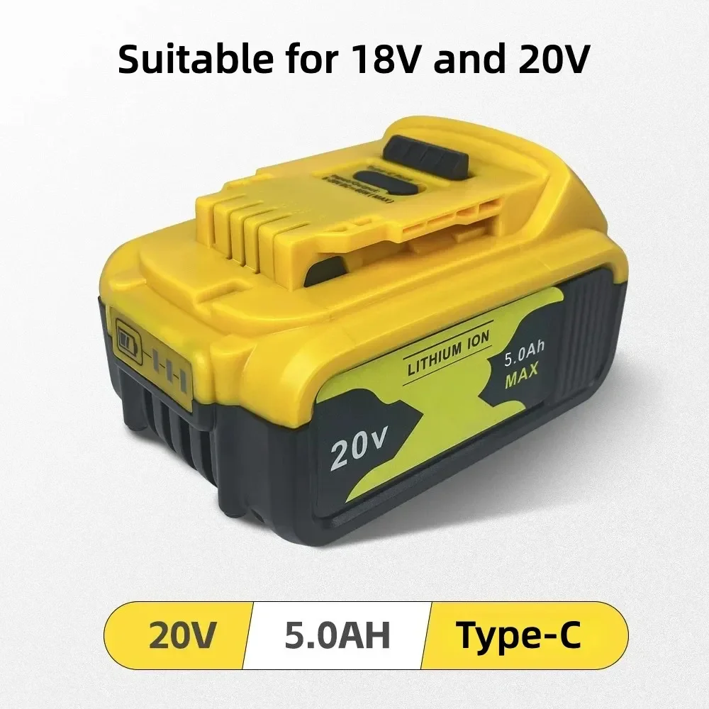 Replacement Lithium‑ion Battery For DeWalt 18V 20V Power Tools 5.0Ah 6.0Ah 10‑Cell High‑Density Cells Type‑C Direct Charging